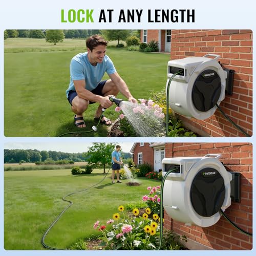 Hose Reel, PATOOLIO Auto Reel 30+2m Wall-Mounted, Retractable Garden Hose Reels, Auto Rewind, Self-Locking System, 180° Pivot Swivelling, 10 Function Spray Gun, Black