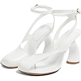 Vertundy Women's Flip Flop Heels High Heeled Sandals Leather Chunky Square Toe Adjustable Ankle Strap Buckle Dress Fashion Party Thong Heeled White Sandals