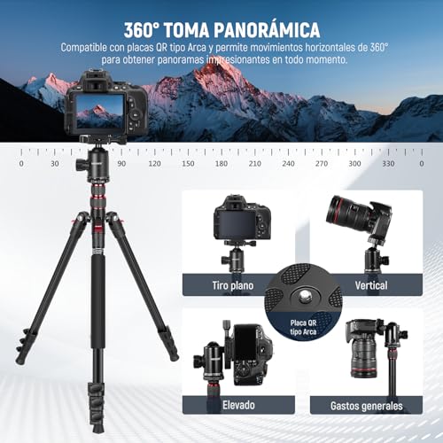 NEEWER Trípode de Cámara de 77 Pulgadas con Rótula de Bola Panorámica de 360°,Columna Central de 2 Ejes,Placa QR Tipo Arca, Aluminio Compacto,Ligero,Carga Máxima de 34 lb, Bolsa de Transporte Incluida
