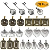 Heatoe 24 pcs Bright Glass Cabochon Dome Tiles for Crafting DIY Jewelry Gift Making，8 Styles Pendant Trays ，3 Colors Bright Silver & Ancient Silver & Ancient Bronze.