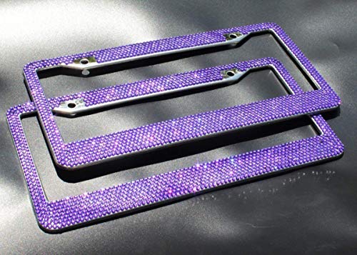 JUSHACHENGTA 8 Rows Handmade Bling Bling Rhinestones Stainless Steel Car License Plate Frame with Screws Caps-2 Pack