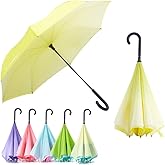 RUMBRELLA Reverse Umbrella Auto Close Windproof Car Umbrella Inverted with J Hook Handle for Women Girls, Yellow