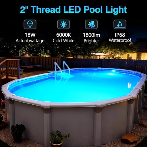 OSREE LED Pool Lamp with 2 Inch Thread, 18 W Pool Projector 6000 K, Non-Dimmable, 1800lm, Diameter 242mm, 12V AC/DC Waterproof IP68 Resin Filled Spotlight Lamp for Above Ground Pools in Steel