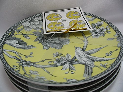 222 Fifth Adelaide Yellow Porcelain Set of 4 Round Dessert Appetizer Plates 6.5 French Toile Bird Pattern