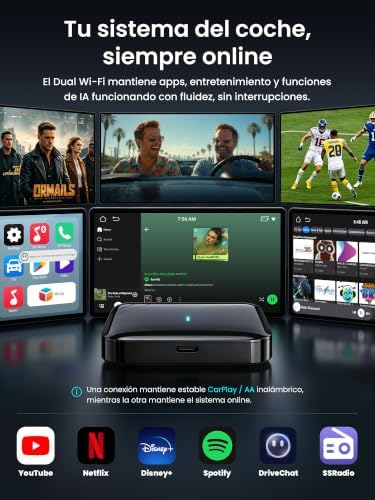 Adaptador CarPlay Inalámbrico Android Auto, AI Box CarPlay Video 3 en 1 para Cable OEM CP/AA, 4G+32G, Doble WiFi y Concentrador Bluetooth IoT, para Netflix/Youtube/TikTok, DriveChat AI Voice, CB4B