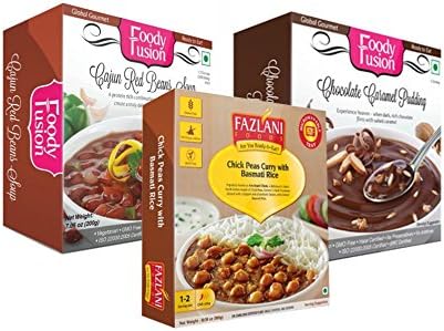 Ready to Eat Cajun Red Beans Soup + Chick Peas Curry with Basmati Rice + Chocolate Caramel Pudding - Complete Meal Combo by Fazlani Food