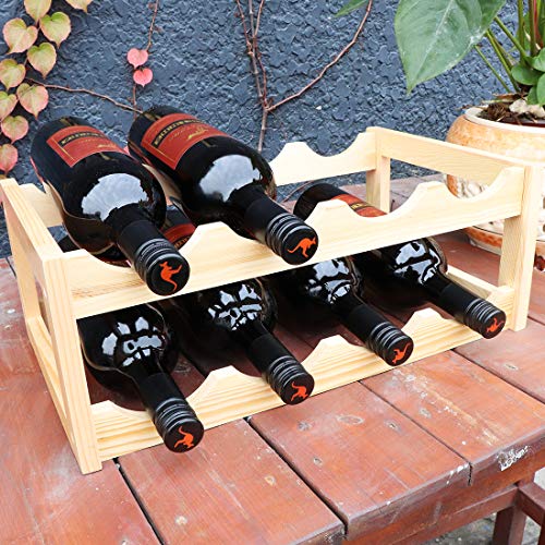 LadyRosian 8 Bottles Wine Rack 2 Tier Nature Bamboo Wine Display Rack,Free Standing and Countertop Wine Storage Shelf