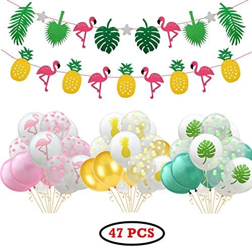 Hawaii Party Balloon & Feather Banner, 27 PCS Pink Flamingo Colorful Dot Balloons with Round Confetti for Hawaiian Luau Party Birthday Wedding Home Favor Decorations (Colorful)