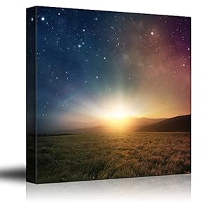Green Field Surrounded by Mountains as The Sun Begins to Rise on a Blue and Red Galactic Sky - Canvas Art Home Art - 12x12 inches