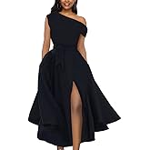 LILYIN Women's Elegant Off Shoulder Sleeveless Belted Side Slit Cocktail Swing Dress with Pockets