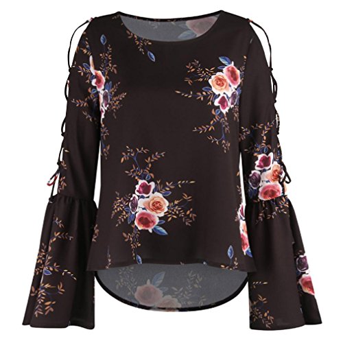 Dainzuy Ladies Sexy Casual Tops, Women's Floral Printing T-Shirt Short Sleeve Blouse (Black 1, L)