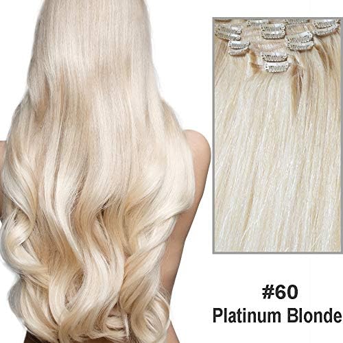 16" 18" 20" 22" 24" 26" Full Head Clip in Remy Human Hair Extensions-8 Pieces-Grade AAA-Multi colors (22", 60 Platinum Blonde)