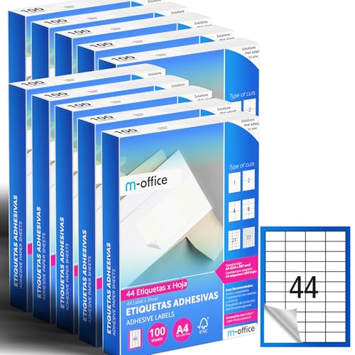 M-office Klebeetiketten zum Beschriften – Selbstklebende Etiketten zum Bedrucken, spuelmaschinenfest, ideal fuer Haushalt und Gewerbe (44 Etiketten pro Blatt, 1000 Blatt)