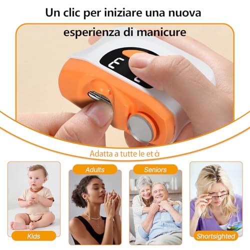 Tagliaunghie Elettrico Tagliaunghie per Piedi, 3 in 1 Tagliaunghie Automatico con LED, Tagliaunghie Elettrico Portatile per Unghie con 3 Velocità, Nessun Rumore, per Neonati, Adulti, Anziani-Orange