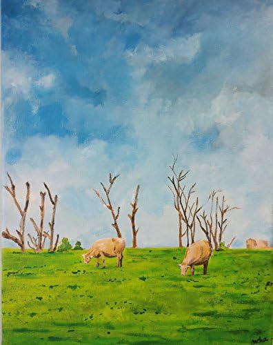 Cow painting, Cattle in a meadow, Original Acrylic painting on stretched canvas 11" X 14", Kitchen decor. Nursery decor, Animal art, Farm painting