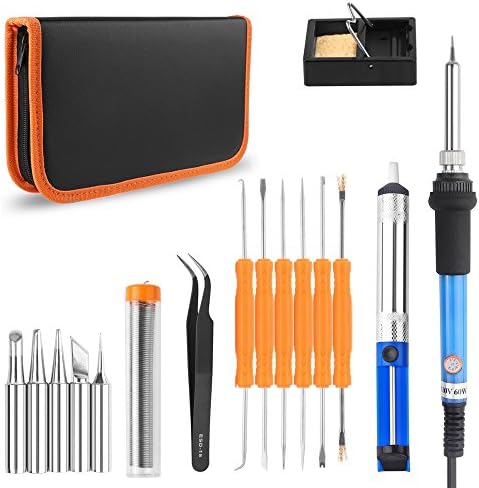 60W 110V Electric Soldering Iron Kit Full Set with Adjustable Temperature Welding Iron, 5pcs Tips, Desoldering Pump, 2pcs Tweezers, Tin Wire Tube, Stand and 6pcs Aid Tools in PU Carry Bag