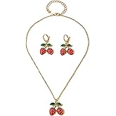 Wlahm Cute Strawberry Jewelry Set for Women,3D Strawberry Pendant Jewelry Accessories,Simulated Strawberry Drop Earrings and Adjustable Pendant Necklaces