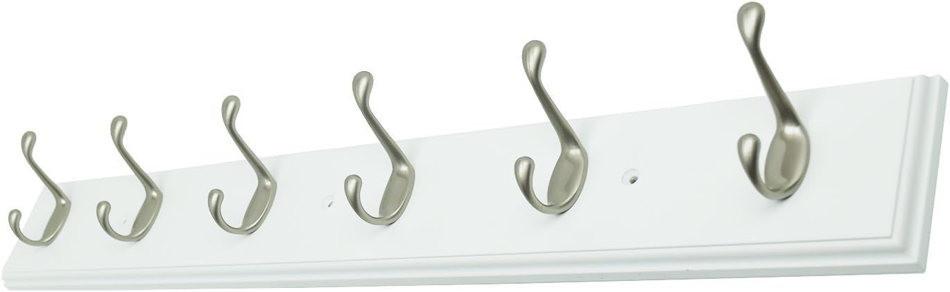 27 Inch Wide White Rail/Rack with 6 Heavy Duty Satin Nickel Coat and Hat Hook, Entryway Rack/Bathroom Towel Hanger, Made in USA