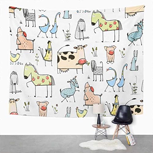 Qamida Colourful Tapestry Humorous Cartoon Village Home Animals Countryside Cottage Tapestry for Bed room Room Decor Wall Hanging Wall Artwork Tapestry Picnic Mat Seaside Towel Mattress Cowl 50″x60″