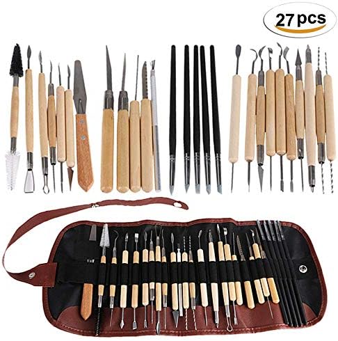 Freyamall 27 Pcs Ceramic Clay Tools, Pottery Carving Clay Sculpting Modeling Tools Set Wooden Handle for Beginners Professional Art Crafts, Wood and Steel, Schools and Home Safe for Kids