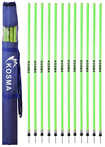 Kosma Speed Training Slalom Poles 5ft x 25mm with Spring Loaded Base and Detachable Metal Spike in Carry Bag (12 Pack – Green) | Football Training Posts | Multi Sports Equipment - Fitness & Speed