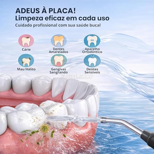 Irrigador Oral & Bucal Portátil Recarregável -Tanque 300ml - Limpeza Profunda com 4 Níveis de Pressão, 4 Ponteiras, À Prova d’Água - Jato Dental Ideal para Aparelhos Ortodônticos, Implantes e Gengivas (Preto)