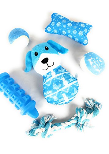 Holiday Time Dog Toys Stocking with Six (6) Blue Pet Toys Including Balls Squeakers and Tug-of-War Rope