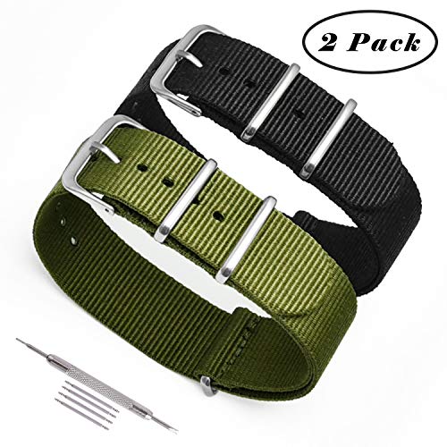 NATO Watch Straps 2 Pack Ballistic Nylon Replacement Watch Bands Military Canvas with Stainless Steel Buckle for Men Casual Classic Watches Accessories 20mm 22mm