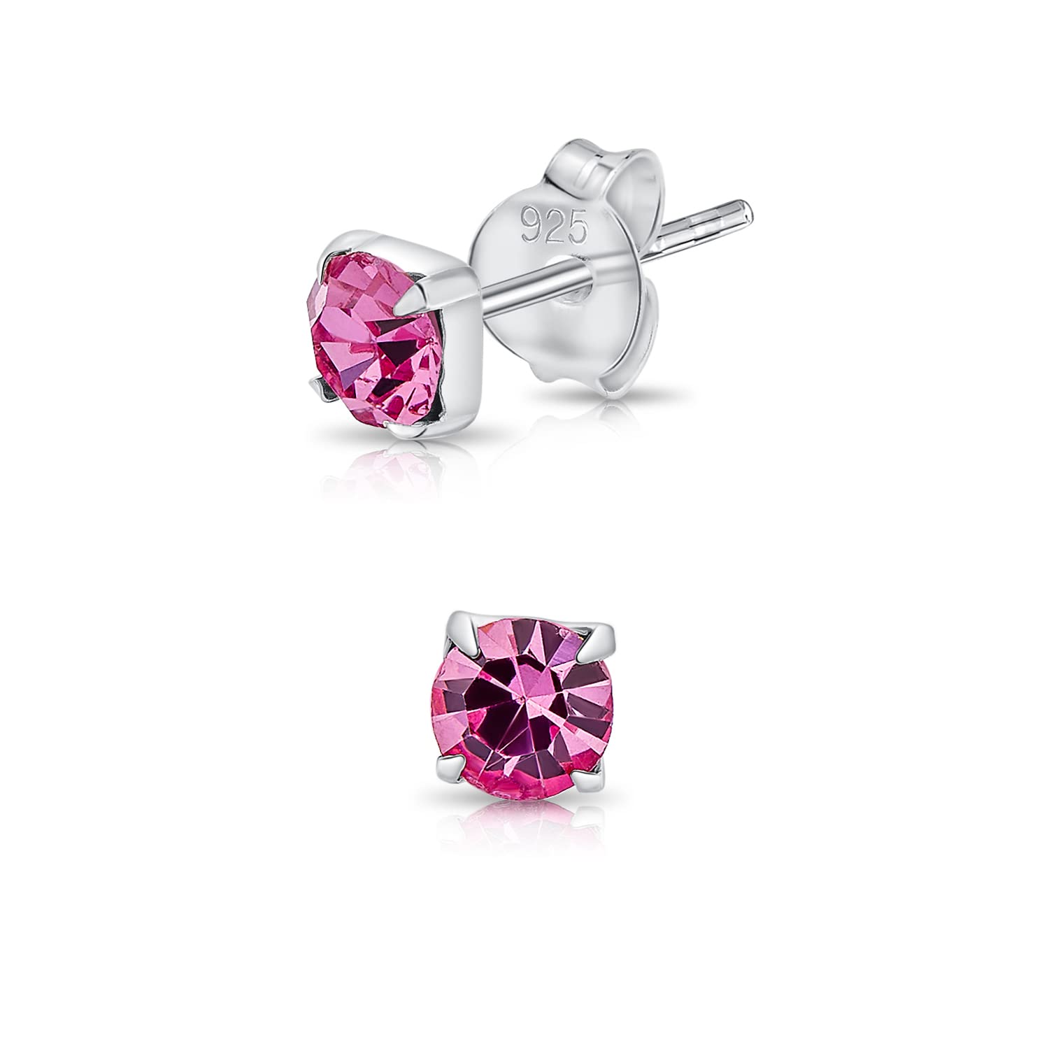 DTPsilver® 925 Sterling Silver SMALL Square Stud Earrings made with Round Glittering Crystals from Swarovski® Elements - Diameter: 4 mm - Colour : Fuchsia — image 1