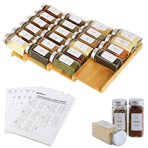 KitHero Spice Drawer Organizer with 20 Spice Jars,216 Labels,25 Non-slip Rubber, Bamboo 4 Tier Seasoning Rack Tray Insert for Kitchen Drawers,Cabinets,Countertop,11