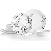 Corelle 12-Piece Vitrelle Misty Leaves Chip and Break Resistant Dinner Set, Grey
