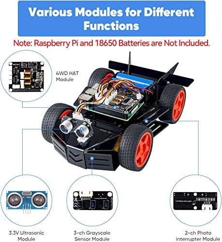 SunFounder Robot Car Kit For Raspberry Pi, 4WD HAT Module, Ultrasonic ...
