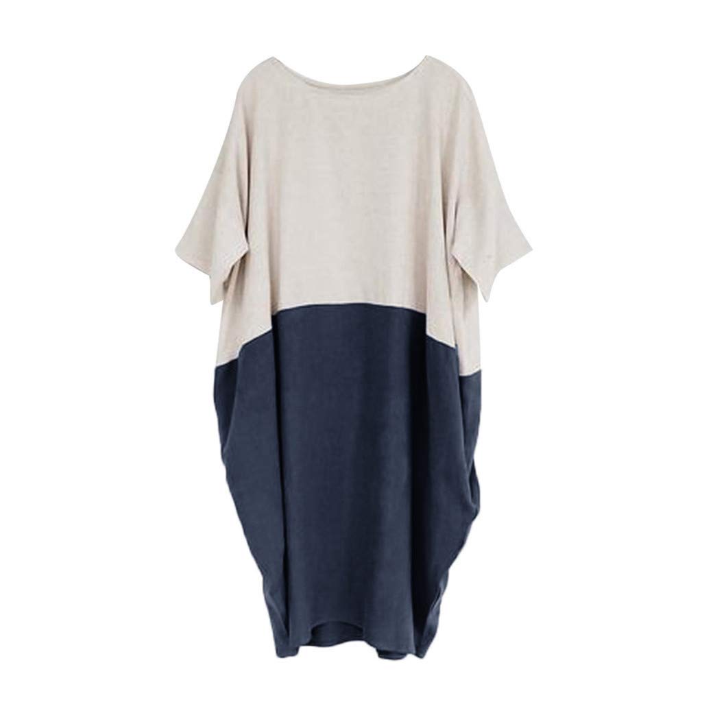 POTO Women Dresses, Loose Color Stitching Casual Dresses with Pockets Cotton Linen Tunic Dress Party Dress Beach Dress