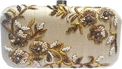 Image Gallery Womens Hand Embroidered Silk Box Clutch (Light Gold)