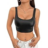 Women's Faux PU Leather Square Neck Sleeveless Shirts Slim Fit Casual Latex Tank Crop Mini Top