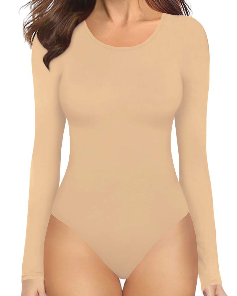 Photo 1 of MANGOPOP Round Neck Long Sleeve Bodysuits for Women Basic Body Suit Shirts Tops Nude M