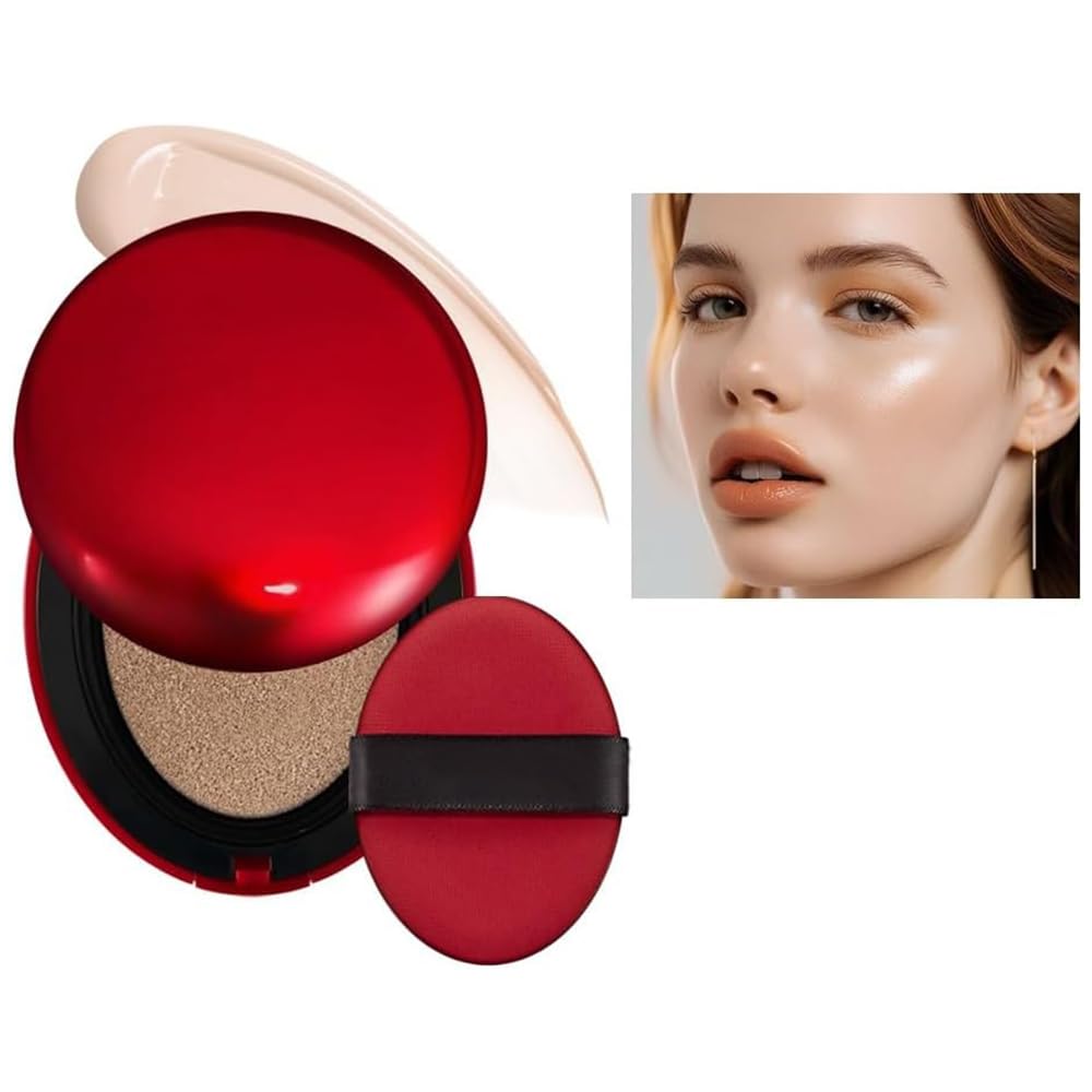 Cushion Foundation, Semi-Matte Finish 72-Hour Foundation Full Coverage Sun Protection, Waterproof, Clear Makeup Red+Shell+Air Focuses on Keeping The Coverage Great,18g