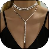 GIGB PBDK Gold Party Prom Rhinestone Layered Long Choker Necklace, Trendy Dainty Sparkly Boho Y Necklace, Simple New Year Anniversary Crystal Charm Accessories