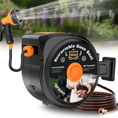Retractable Garden Hose Reel, 1/2 in x 100 ft Wall Mounted Hose Reel Heavy Duty with 10-Function Sprayer Nozzle, Any Length Lock, Slow Return System, 180°Swivel Bracke for Large Yard Lawn Car Washing