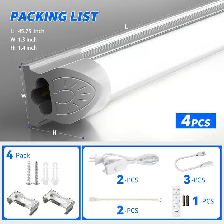 JESLED LED Shop Lights 4FT with Remote, 45W 5400LM, Dimmable 4 Foot Linkable Garage Light, 3000K-7000K Adjustable Color Temperature, for Workshop, Basement, Workbench, ETL Listed, 4 Pack