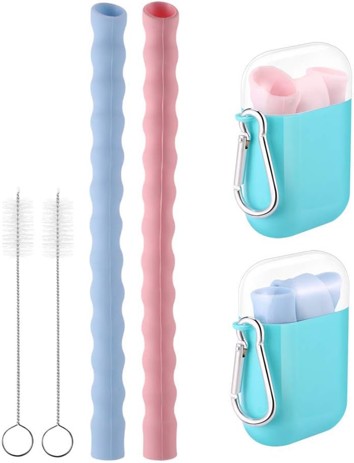 Vantic Collapsible Boba Silicone Straws - Portable Smoothie Straws Reusable, Final Drinking Straw Set with Cleaning Brush & Case, for Bubble Tea, Milkshakes, Jumbo Drinks(pink blue)