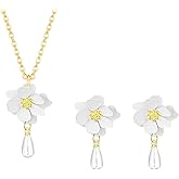 Dreuyet Bohemian Pearl Matte Flower Earring And Necklace Set For Women Elegant Layered Tiered Floral Petal Pearl Drop Dangle Earrings Charming Daisy Flower With White Pearls Earring Summer Holiday Wedding Jewelry