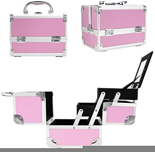 Kindsells Makeup Box,Portable Makeup Train Case Aluminum Cosmetic Organizer Box,Lockable Cosmetic Organizer with Mirror and 2 Keys Jewelry Box (Pink Makeup Box)