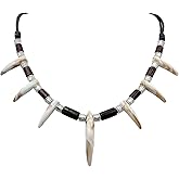 LARVOVUE Wolf Wood Beads Tooth Necklace for Men Women Tribal Caveman Adjustable Resin Tooth Pendant Necklace