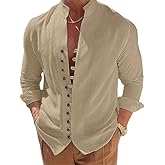 Mens Long Sleeve Shirt Button Down Loose Fit Vintage Shirts Banded Collar High Elastic Tops Henley Shirt