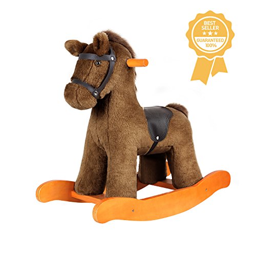 labebe Child Rocking Horse Toy, Stuffed Animal Rocker Toy, Brown Knight Horse Rocking Plush for Kid 1-3 Years, Wooden Rocking horse Set/Outdoor Rocking Toy/Small Rocking Horse/Modern Rocking Horse