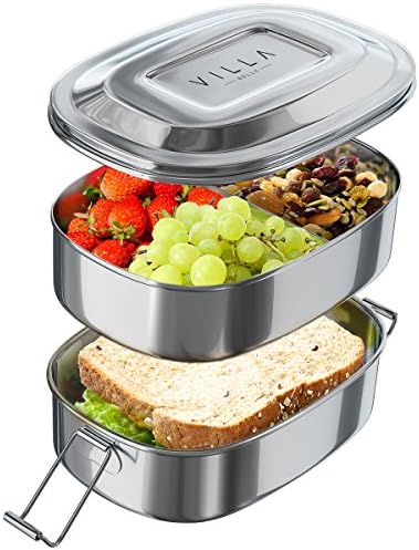 Stainless Steel Lunch Box Food Container. Double-Layer, 3-in-1 Lunchbox with Divided Compartments. Easy Carry Strap and Extra-Secure Side Clips. Dishwasher Safe