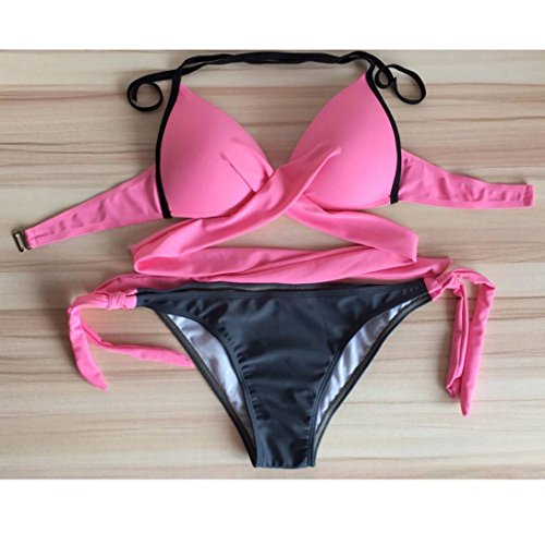 Gocheaper Bikini, Women Solid Push Up Solid Bandage Bikini Set Swimwear Swimsuit Beachwear (L, Pink)
