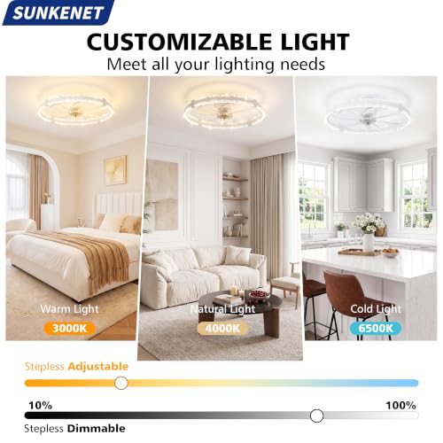SUNKENET Ceiling Fans with Lights and Remote, 60cm LED Fan Ceiling Light, 3000K-6500K Dimmable Smart Ceiling Fan Light, 6 Wind Speeds & Reversible, White Queit Fan Light Ceiling for Bedroom