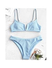 ZAFUL traje de baño de dos piezas para dama con tejido de alambre en V acolchado acanalado de corte alto